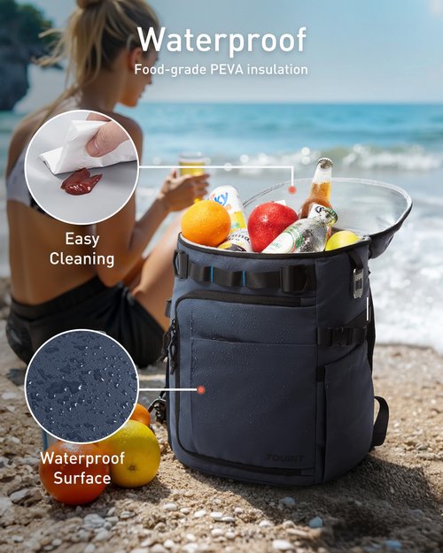TOURIT 38 Cans Backpack Cooler: Leak Proof Waterproof 2 Insulated Compartments Soft Cooler Bag Beach Travel Camping Picnic Grey