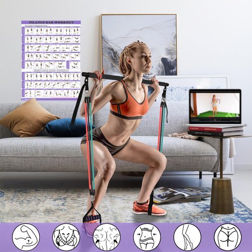 Portable Pilates Bar and Resistance Band Set with Handles. Multipurpose Home Gym with Door Anchor and Extension Belt, Supports Full-Body Workouts - with Fitness Poster and Video