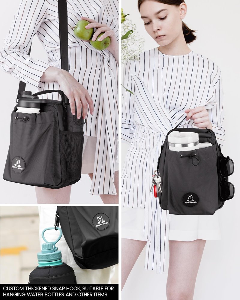 Sports Rabbit Insulated Lunch Bag for Men & Women – Lunch Bag with Water Bottle Holder, Compatible with Owala & 40/30oz Stanley Cups, Adjustable Crossbody Strap – Ideal for Work Travel Picnics (Black)