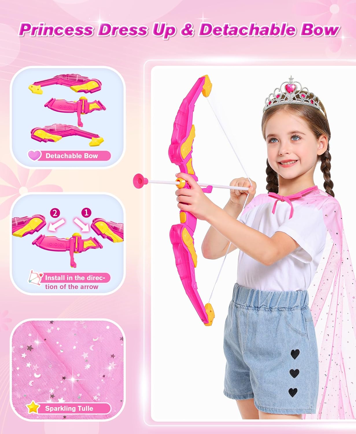 Kids Bow and Arrow Set Toys for Girls, LED Light Up Archery Bow Set with Princess Cape and Crown, 10 Suction Cup Arrows, Indoor and Outdoor Play Birthday Gift Toy for Kids Boys Girls