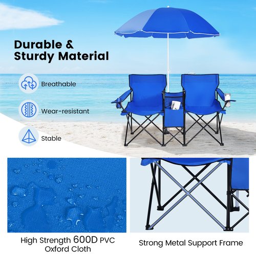 CHEFJOY Double Camping Chair, 2-Person Portable Beach Chair w/Removable Umbrella, Cup Holders & Carrying Bag, Folding Loveseat Chairs for Adults Outdoor Picnic (Blue)