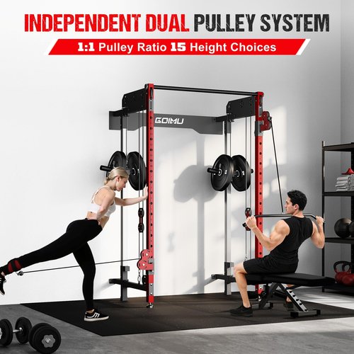 GOIMU Folding Squat Rack, Wall Mounted Power Rack with Cable Crossover Machine & LAT Pull Down, Functional Trainer(Only Cage, Red)