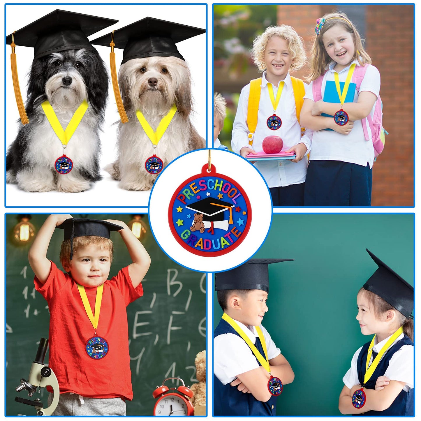Sratte 24 Pcs Kindergarten Prek Preschool Graduation Medals for Kids, Bulk Kinder Pre-k Graduation Gifts with Yellow Ribbon, End of Year Student Gifts Party Favors Supplies, 2 Inch (Graduate Cap)
