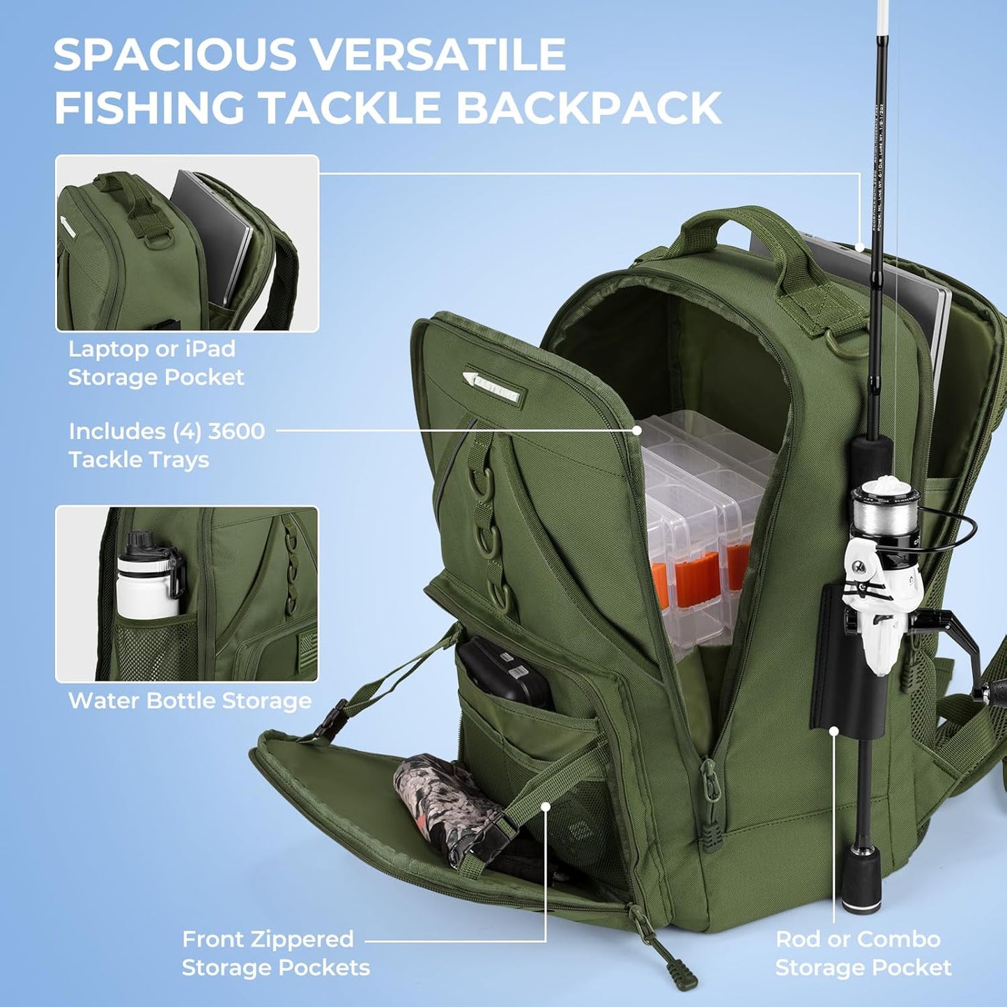 KastKing KarryAll Fishing Tackle Backpack with Rod Holder 4 Tackle Boxes,40/26L Tackle Bag Storage Fishing Gear and Equipment