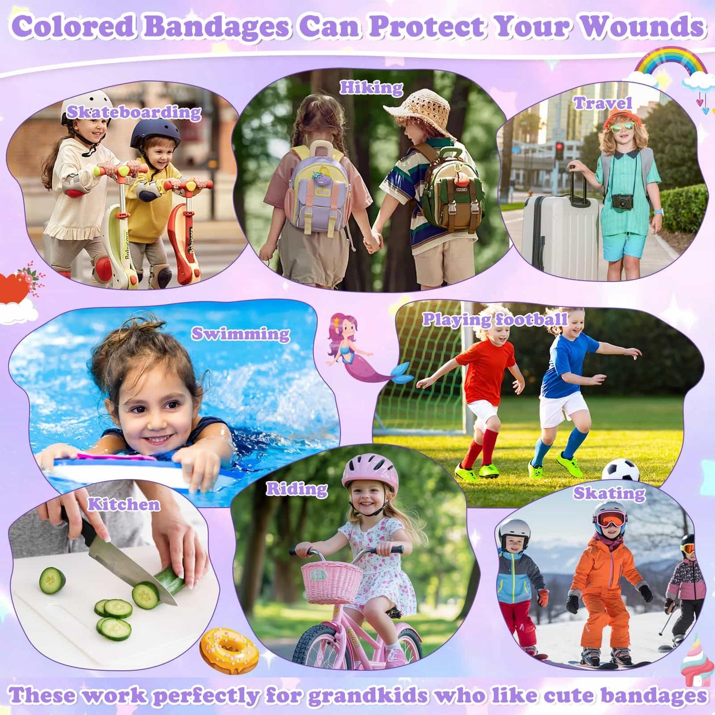 Flasoo 36 Styles Kids Cartoon Bandages 390 Pcs Girls Bandage Mermaid Bandage Pink Princess Bandages to Protect Scrapes and Cuts for Girls, Boys, Children, Toddlers
