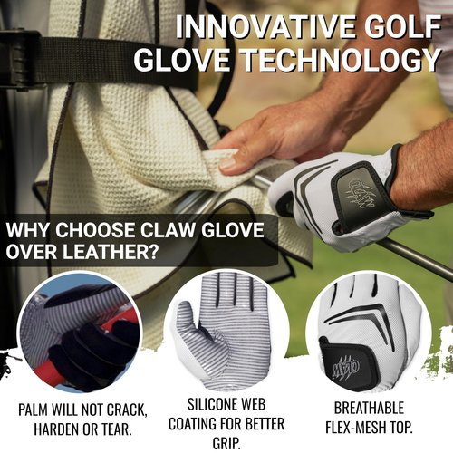 CaddyDaddy Claw Golf Gloves for Men | Flex-Mesh Design for Cool Ventilation | Lasts 3-5 Times Longer Than Leather | Silicone-Web Coating for Maximum Grip | 100% Machine-Washable | White | LH-Large