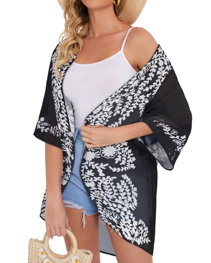 Womens Floral Kimono Cardigans Beach Cover Tops Loose Puff Sleeve Casual Blouse (C Black Flower, 3XL)