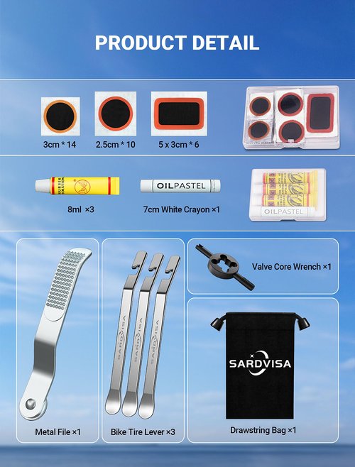 SARDVISA 40 PCS Bike Tire Repair Kit, Bicycle Inner Tube Puncture Patch Kit with 30 PCS Vulcanizing Patches & 3 PCS Stainless Steel Tire Levers, Portable Bike Tire Patch Kit for Mountain and Road Bike