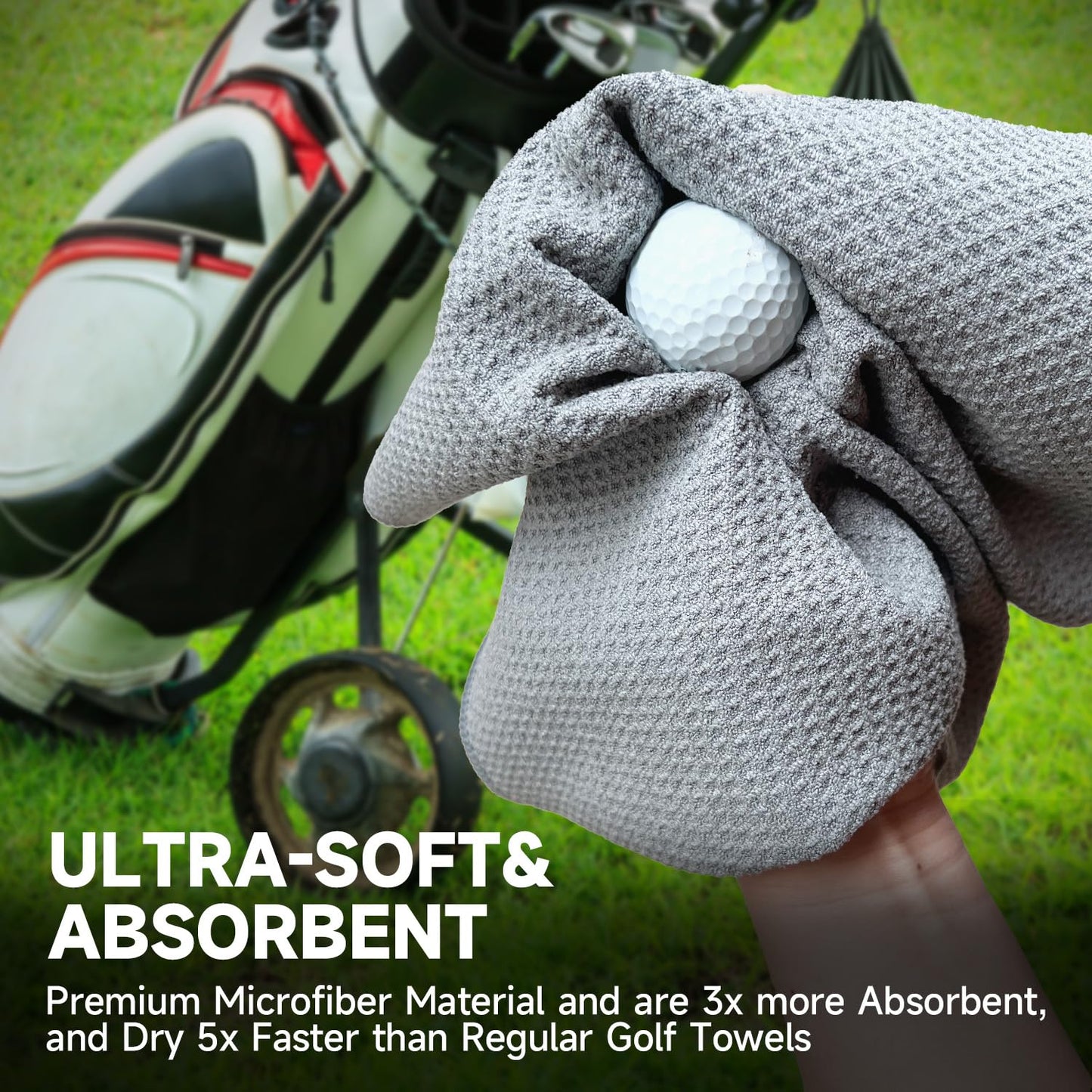 3 Pack Golf Towels - 16"x24" Tri-Fold Waffle Microfiber Golf Towel for Golf Bag/Golf Cart, Heavy-Duty Carabiner & Ultra Absorbent Fabric to Wipe Sand, Mud & Sweat (Black/Grey/Red)