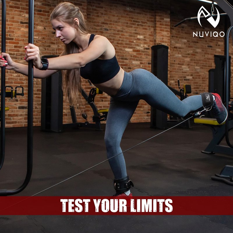 Nuviqo Ankle Straps for Cable Machines (Pair) with D-Ring Attachment - Fully Adjustable - for Legs, Glutes, Hips and Abs Workout
