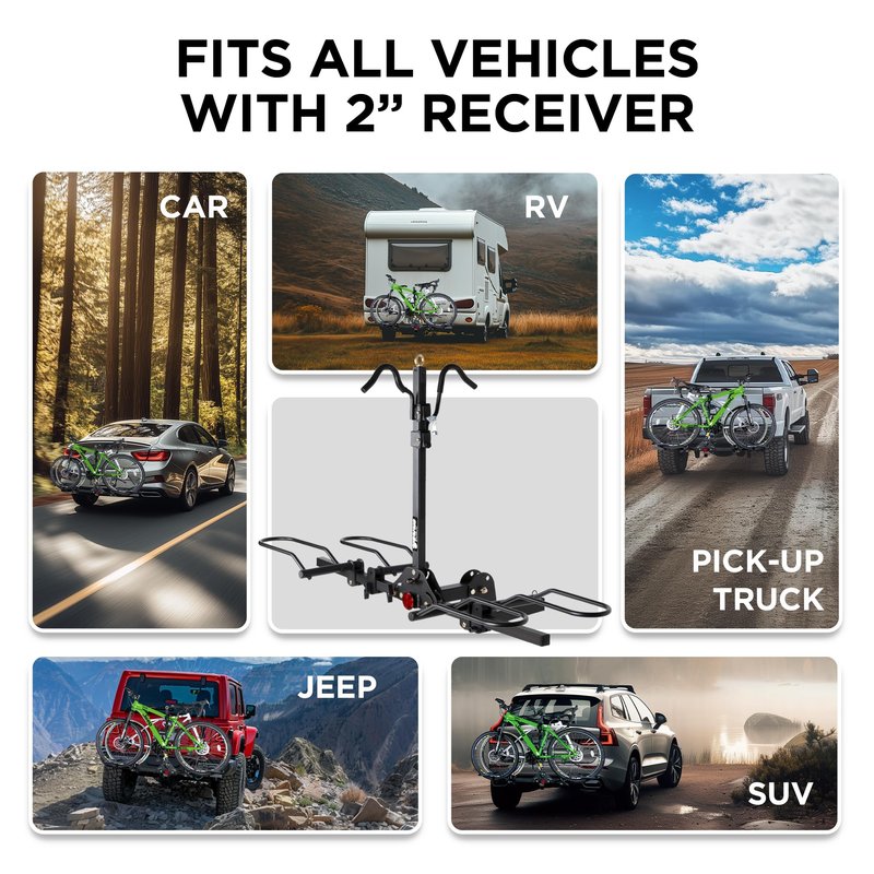 Young 200 lbs. Capacity Hitch Mounted 2-Bike Rack with Lock for Standard, Mountain, Fat Tire Bikes, fit Car, SUV, Van, RV, Trailer, Truck