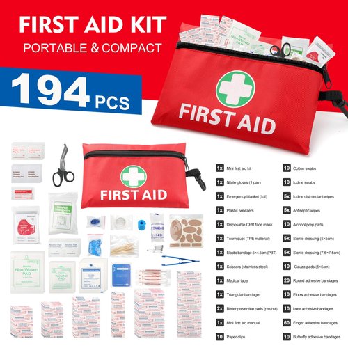 ABXMAS Mini First Aid Kit for Minor Cuts, Scrapes, Sprains, Burns, 194Pcs Portable Compact First Aid Kit for Home, Car, Travel, Camping and Outdoor Emergencies, Small Size Trauma Kits