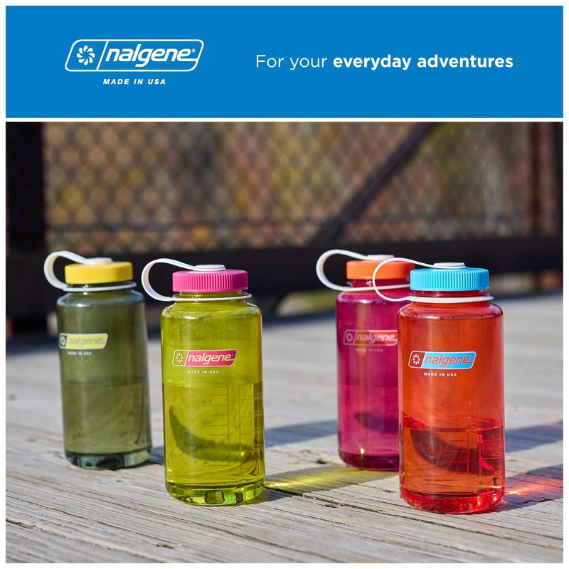 Nalgene 32 oz Wide Mouth Water Bottle | BPA-Free, Durable & Leak Proof, Lightweight for Hiking, Work & Gym – Thrill & Motion, Flame w/Blue Atoll