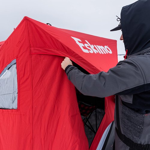 Eskimo FF949 FatFish Pop-up Portable Hub-Style Ice Shelter, Wide Bottom Design 61 sq ft. Fishable Area, 3-4 Person Non-Insulated , Red , 99" x 99"