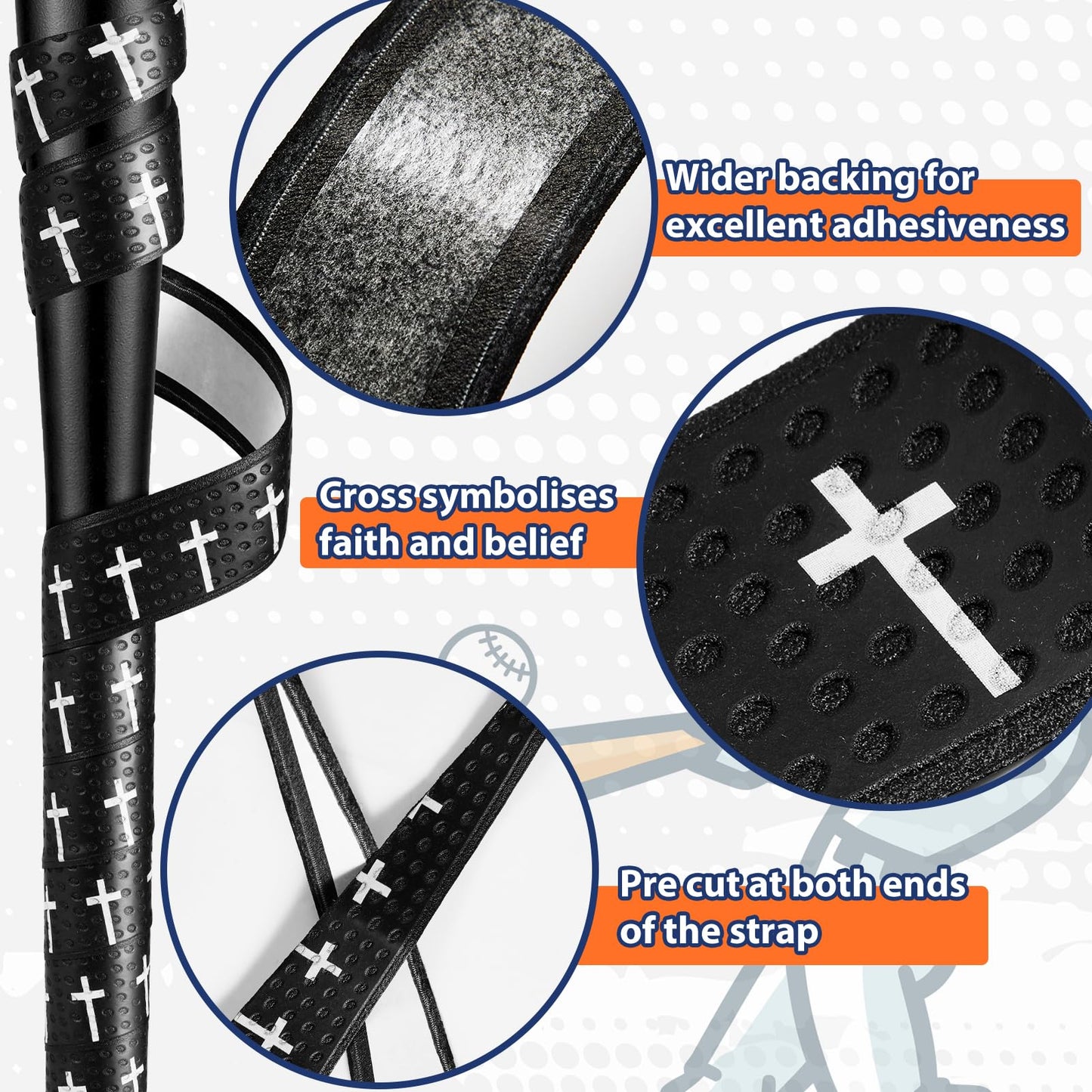 2PCS Faith Cross Baseball Bat Grip Tapes 1.5mm Precut and Full Adhesive Softball Grip Tape,Non-Slip Baseball Bat Wrap Tape Religious Cricket Batting Tape Replacement
