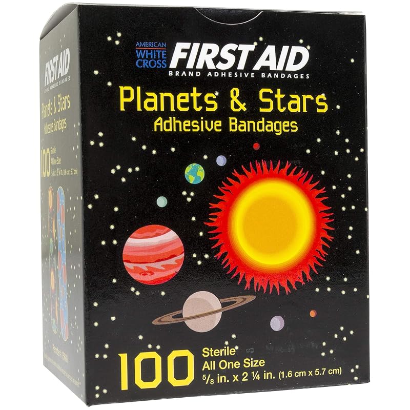 Adhesive Bandages for Kids - Planets & Stars ¾" x 3" (100 Per Box, Latex Free)