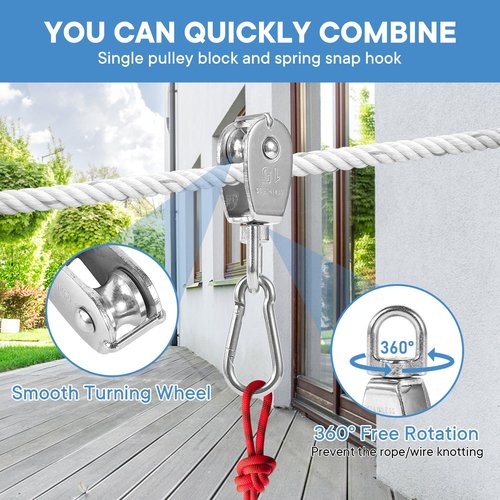 6Pcs 304 Stainless Steel M15 Single Pulley Block, Wire Rope Hanging Wire Towing Wheel, with 6Pcs Spring Snap Hook