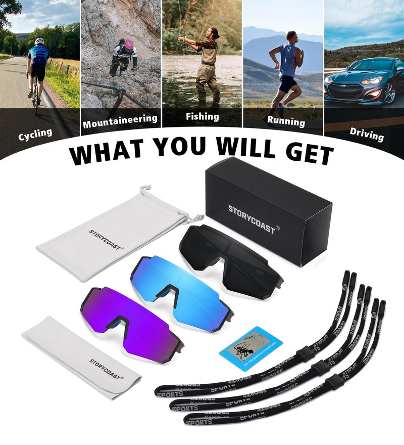 STORYCOAST Sports Running Sunglasses for Men Women Cycling Driving Fishing Bike Sunglasses Polarized UV400 Protection 3Pack Matte Black/Gray+Matte Black/Ice Blue+Matte Black/Purple