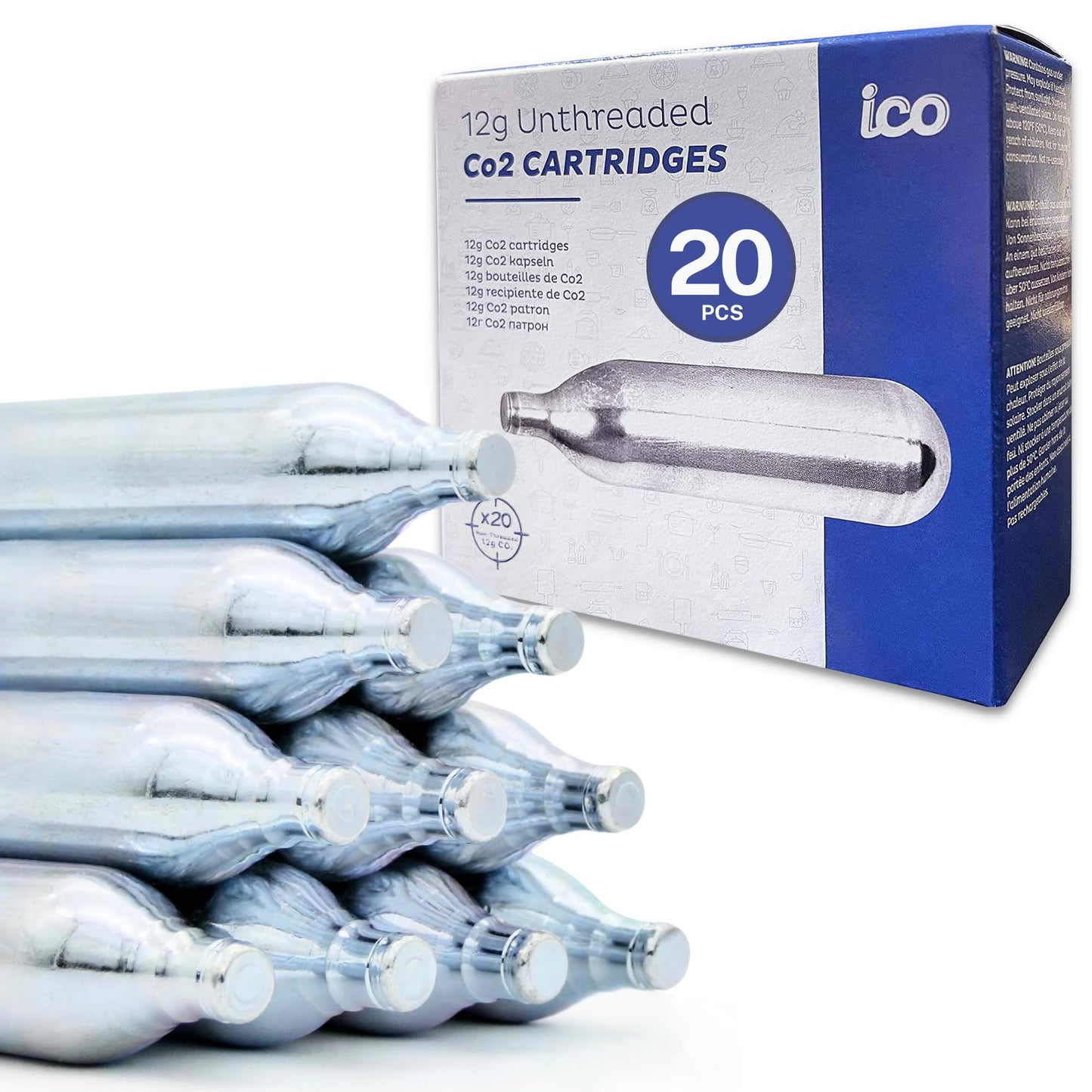 ICO 20pcs 12 Gram Co2 Cartridges Non-Threaded, CO2 cartridges BB Gun, CO2 BB Pistol, CO2 Airsoft Pistol, and CO2 Paintball Markers