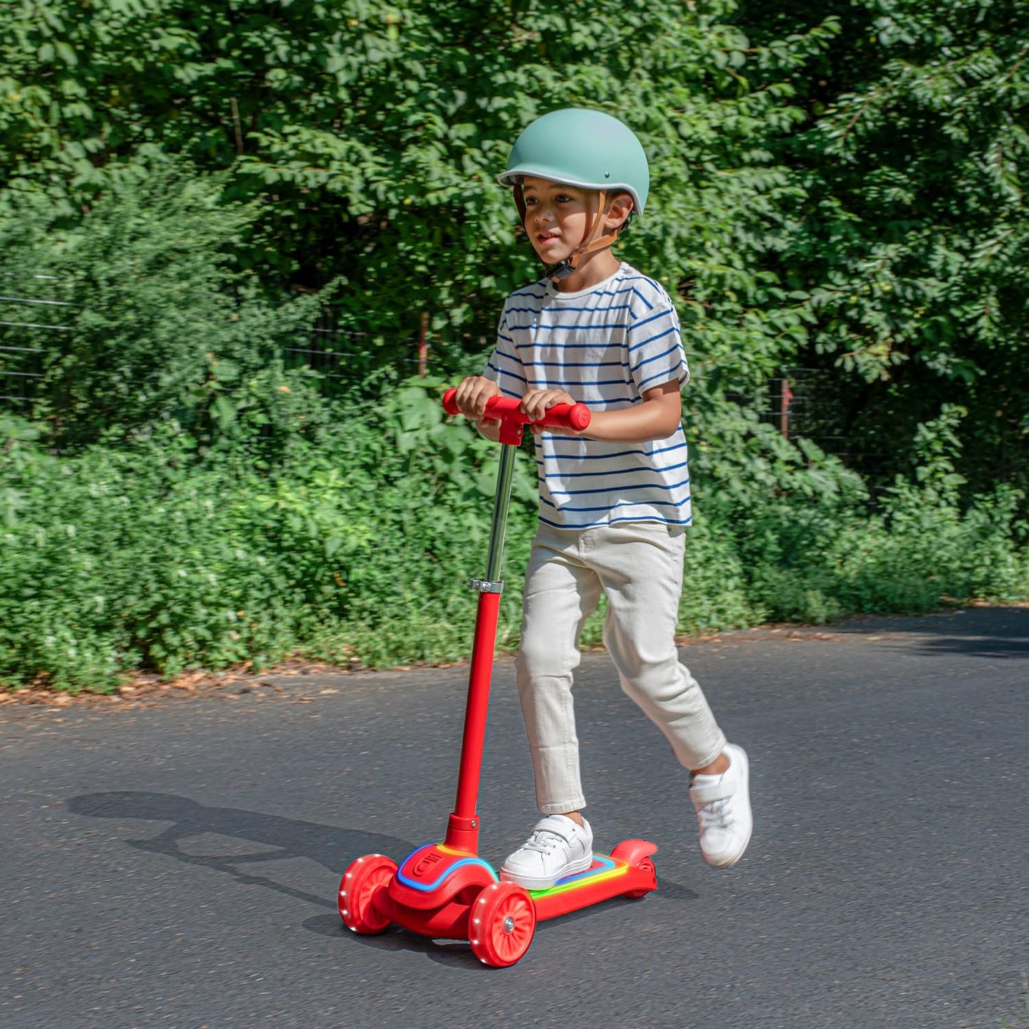 Jetson Halos Three-Wheel Light Up Kick Scooter, Light up Stem & Wheels, Height Adjustable Handlebar, Rear Brake, Ages 3+, JHALOS-RED