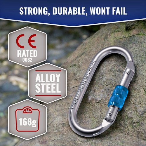 XTEK Climbing 25kn Climbing Carabiner Clip - Heavy Duty O-Shape Steel Locking Caribeaner - UIAA/CE Certified Rock Climbing Gear - Strong Large Locking Oval Caribeener for Mountain Climbing