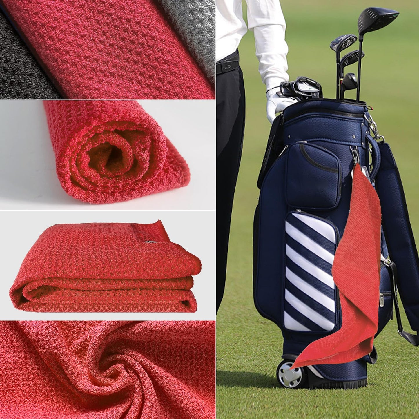 3 Pack Golf Towels - 16"x24" Tri-Fold Waffle Microfiber Golf Towel for Golf Bag/Golf Cart, Heavy-Duty Carabiner & Ultra Absorbent Fabric to Wipe Sand, Mud & Sweat (Black/Grey/Red)