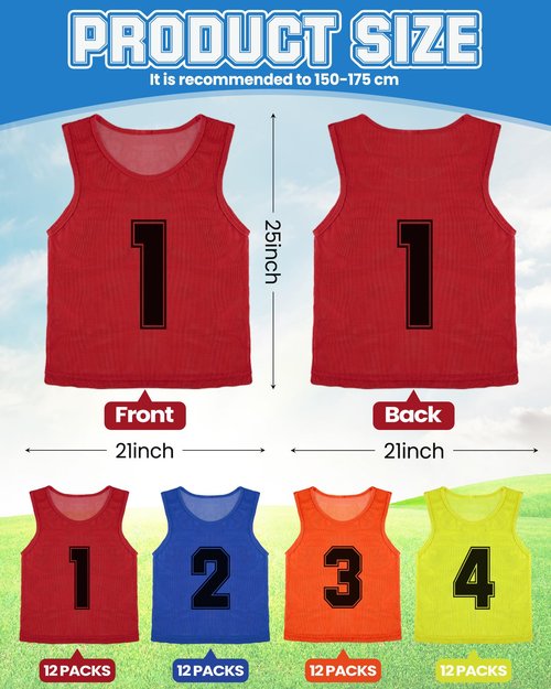 Suhine 48 Pcs Pinnies for Sports Double Soccer Penny Soccer Pinnies Scrimmage Vests Mesh Basketball Team Practice Jersey (Basic Style,Adult Size)