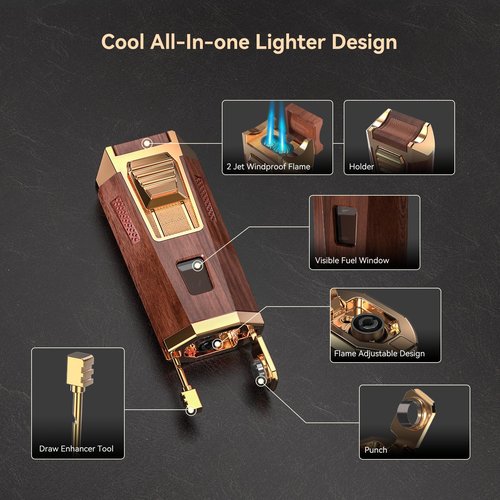 All-in-One Torch Lighter with Punch, Holder, and Draw Enhancer Tool, Adjustable Windproof 2 Jet Flame Lighters, Refillable Lighters Gift for Men(Mahogany)