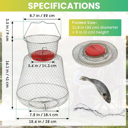 AMGSH 2 Pack Floatable Galvanized Steel Wire Fish Baskets, Collapsible Caget for Live Caught Fish, Portable Fishing Basket Wire Fishing Net Cage