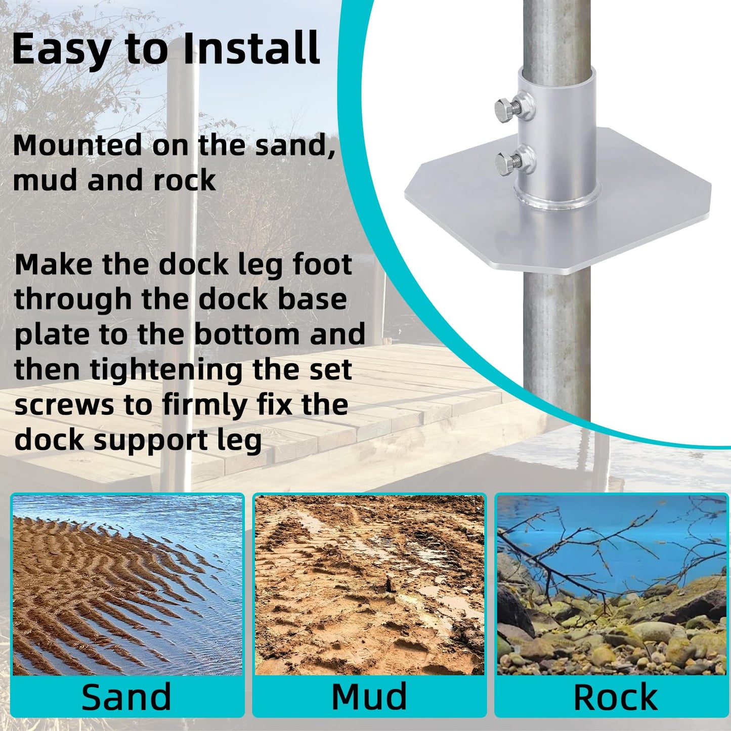 2 Pack Stationary Dock Bottom Pad,Stationary Dock Base Plate,Floating Dock Brackets Hardware for Foot Post Pipe Pole Leg,Support and Hold Docks & Prevent Sinking into Mud