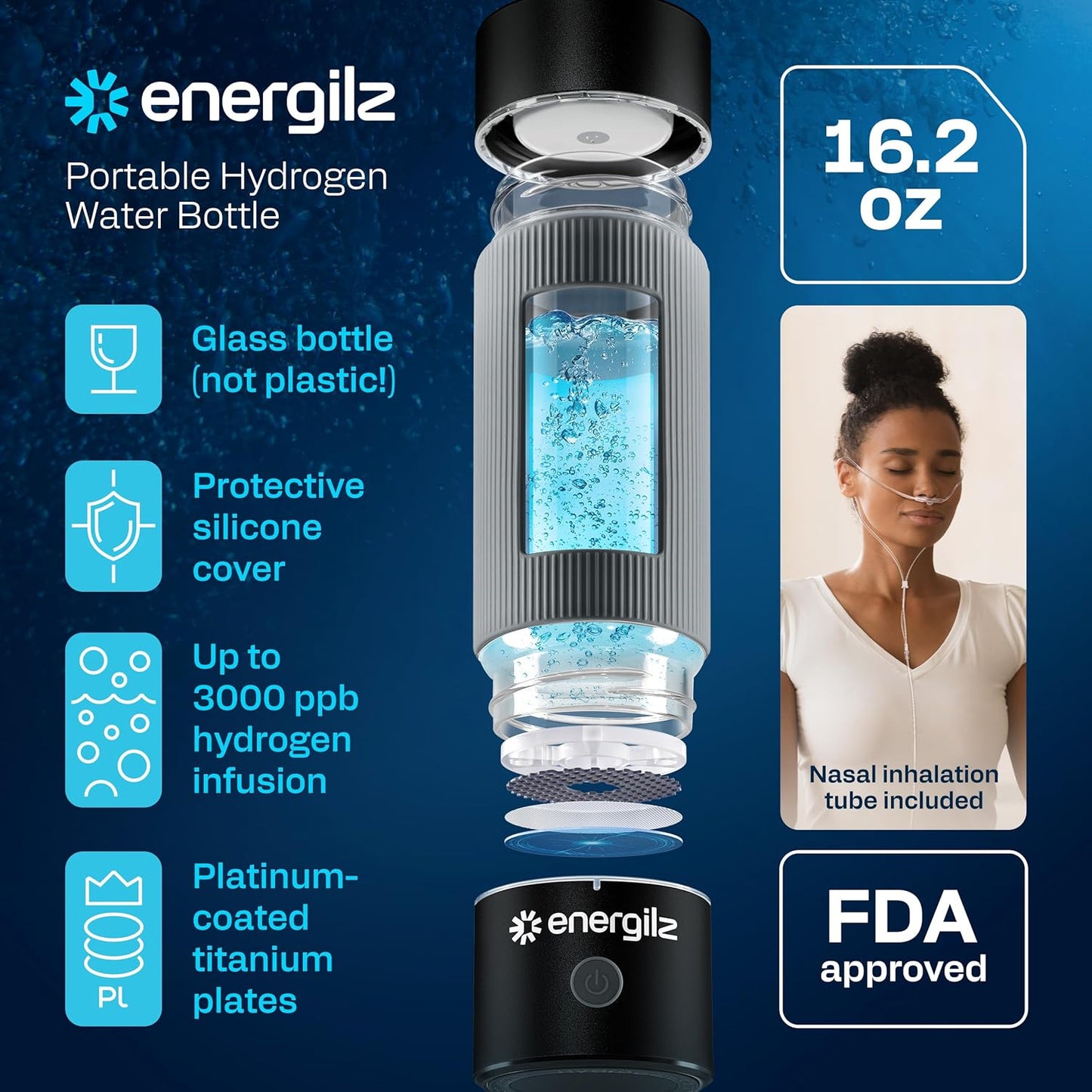 Hydrogen Water Bottle | Large 16.2 oz (480 ml) Hydrogen Water Bottle Generator 3000ppb | Hydrogenator Machine | SPE/PEM Hydrogenated Ionizer Generator (Steel w/Black)