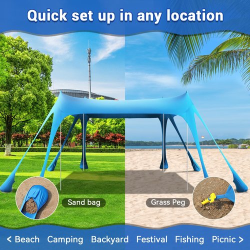 Beach Tent Sun Shelter,10 x 10FT Beach Canopy Tent Sun Shade with 8 Sandbags & 4 Poles, UPF50+ Beach Tent Canopy with Carrying Bag for Camping Trips, Fishing, Backyard Fun or Picnics Light Blue