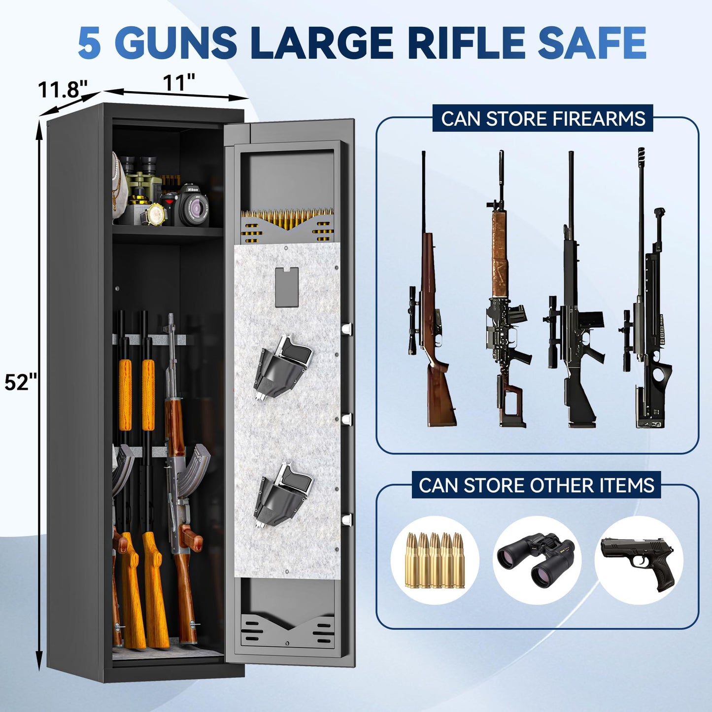 Hymnxemo Biometric Fireproof Gun Safe for 5-7 Firearms - No Assembly Steel Security Cabinet, Fingerprint Lock Quick Access, Adjustable Shelves for Rifle Pistol Valuables Storage (52x11x12 Inches)