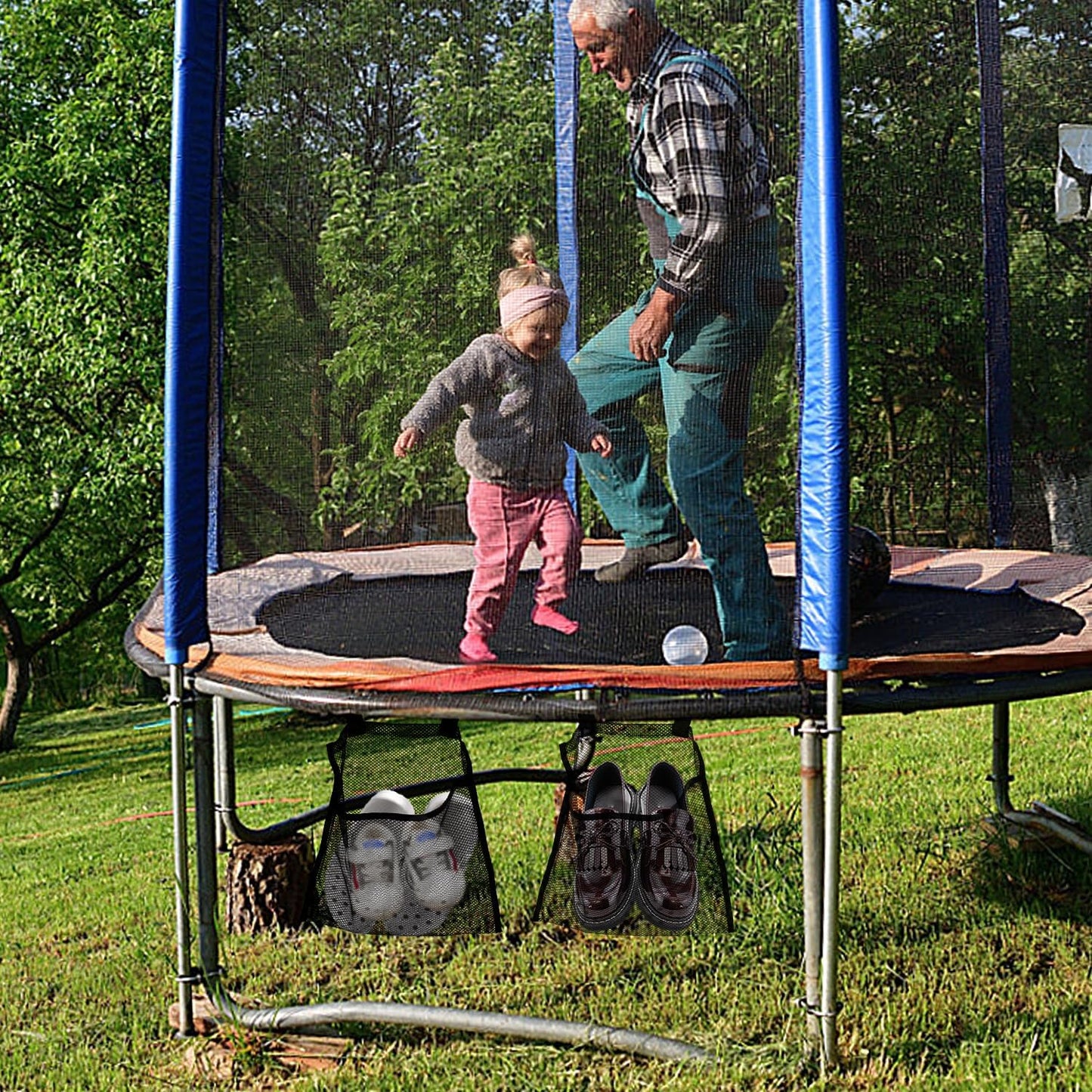 2pcs Trampoline Shoes Bag, Large Mesh Storage Organizer with Adjustable Straps Durable Shoe Holder Pouch for Trampoline Accessories Kids & Adults (Black)