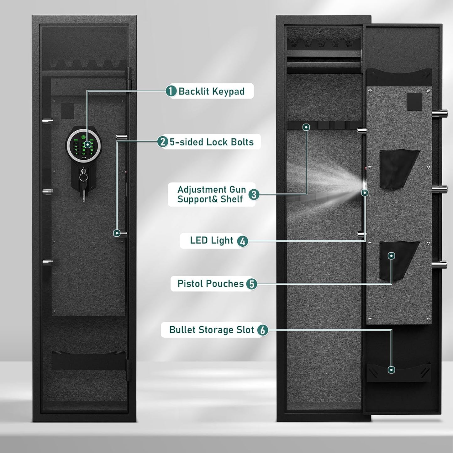 Kavey 5-8 Gun Safe, Long Gun Safe for Home Rifle and Pistols with Backlit Keypad, Quick Access Gun Cabinet with LED Light and Removable Shelf