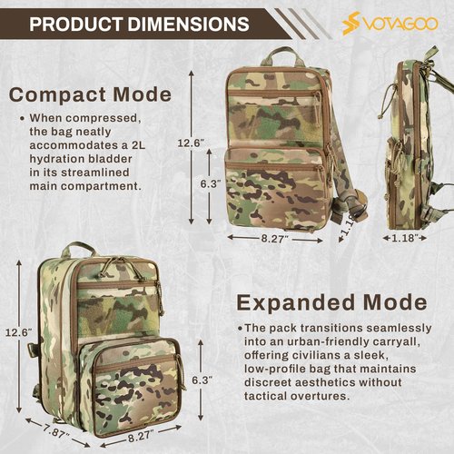 VOTAGOO GEAR Tactical Hydration Pack for 2L Hydration Water Bladder, Molle Flatpack Assault Pack with Straps, 500D Nylon Expandable Backpack for Quick-Detach Chest Rig and Tactical Vest