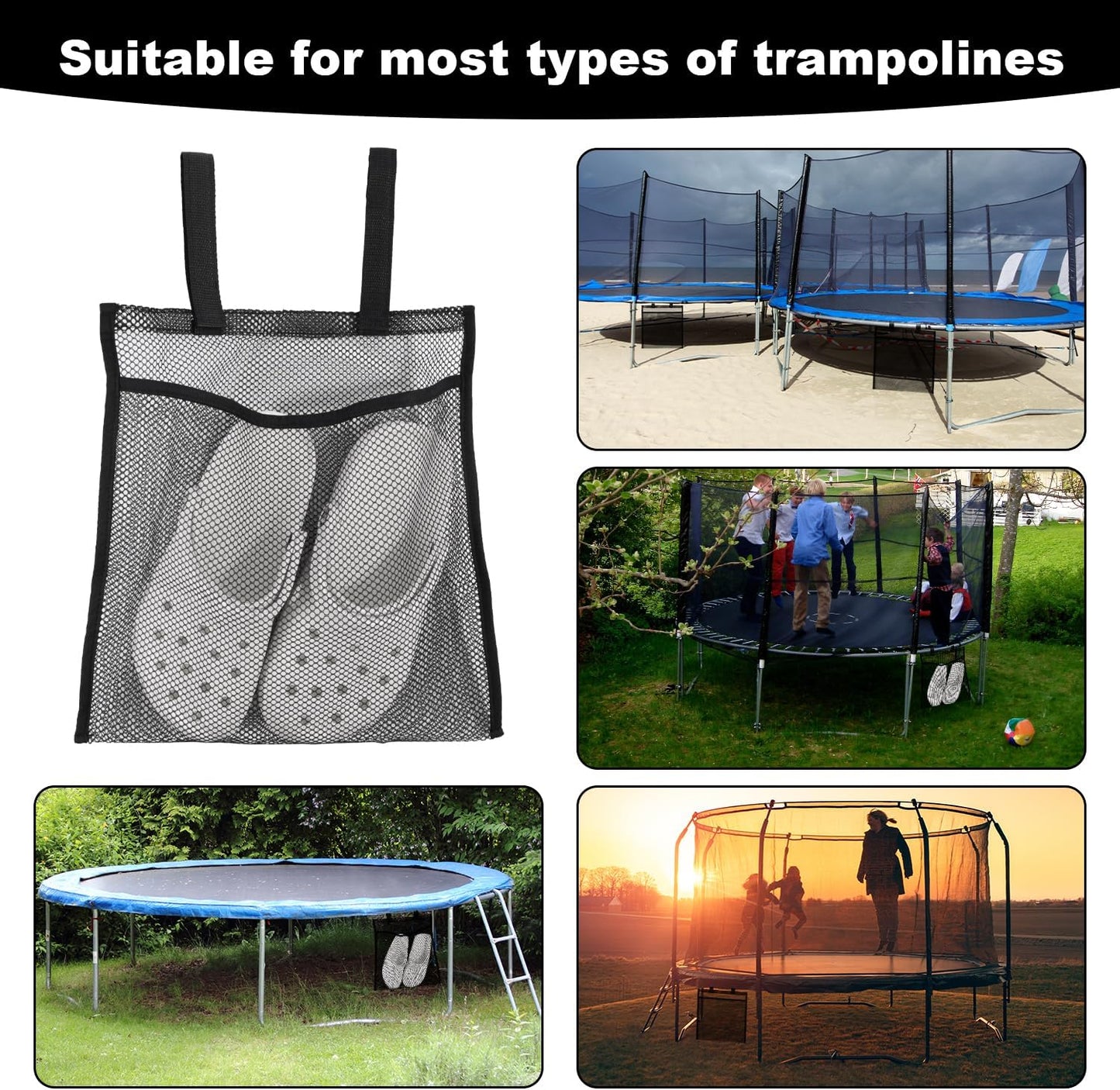 2pcs Trampoline Shoes Bag, Large Mesh Storage Organizer with Adjustable Straps Durable Shoe Holder Pouch for Trampoline Accessories Kids & Adults (Black)