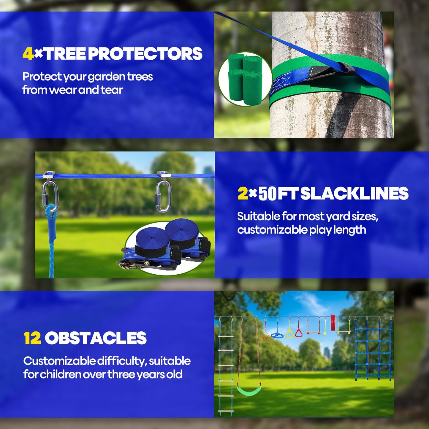 2x50 Ft Ninja Obstacle Course Kit for Kids with Slackline and 13 Fun Accessories Including Climbing Net, Rope Ladder, Monkey Bars, Ninja Obstacle Course for Kids Ages 3+ with 440lbs Weight Capacity