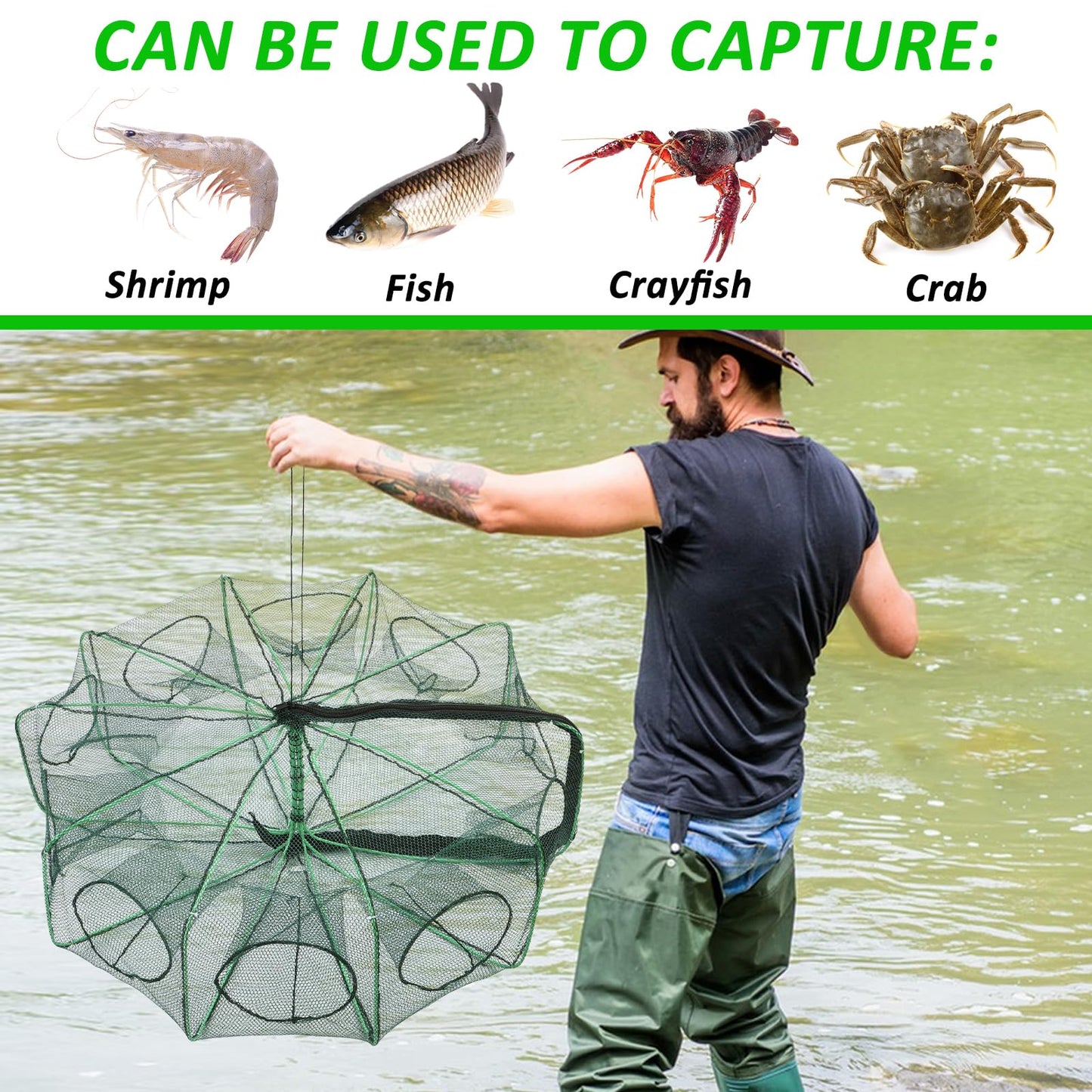 2PCS Fishing Bait Trap Crab Net 10 Holes and 2 PCS Square Crab Crawfish Trap Fishing Trap for Minnow Crawfish Shrimp Crawdad with Rope Large Fishing Net for Bait Fish