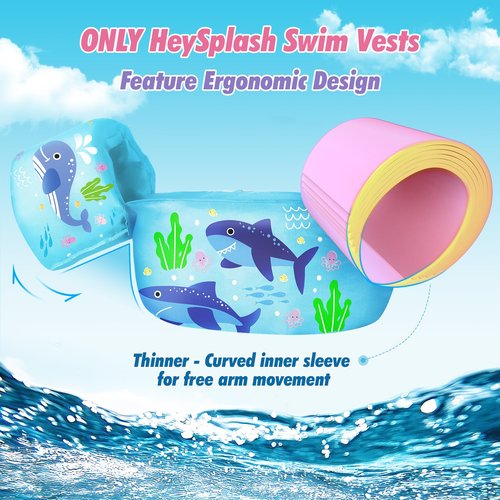 HeySplash Swim Vest for Kids, Toddler Pool Floaties Fit 22-44 Lbs, Children Swimming Vest with Adjustable Strap, Swim Jacket Water Wings Arm, Puddle Sea Beach Boat Jumper Boy Girl Age 1-6, Blue Shark