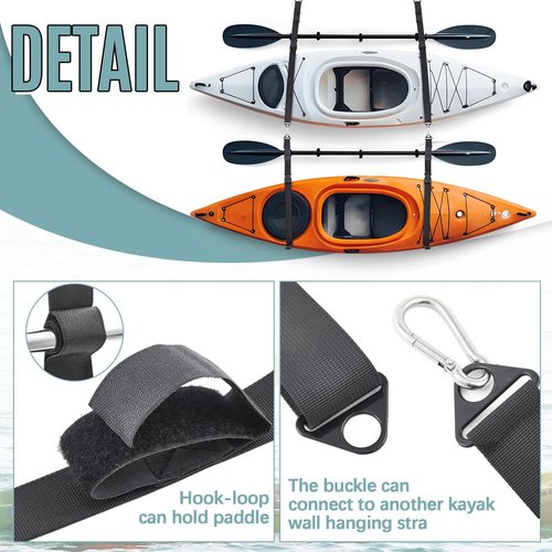 Seenelling 4 Pcs Kayak Straps for Wall Hanging Kayak Hoist Sling Hanger Straps with Carabiner for Indoor Outdoor Surfboard Paddle Canoe Sup Board in Garage Beach Storage Accessories (Black)