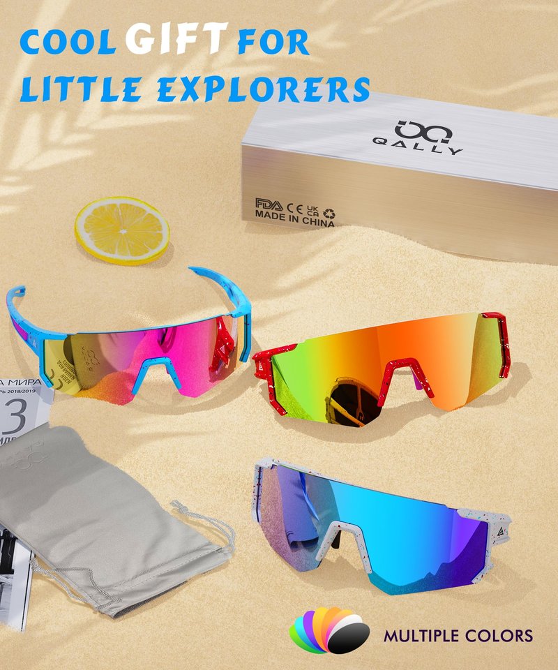 QALLY 3 Pack Kids Sunglasses Youth Baseball Sunglasses for Boys Girls Age 4-14, Cycling Softball Running UV400 Protection Sports