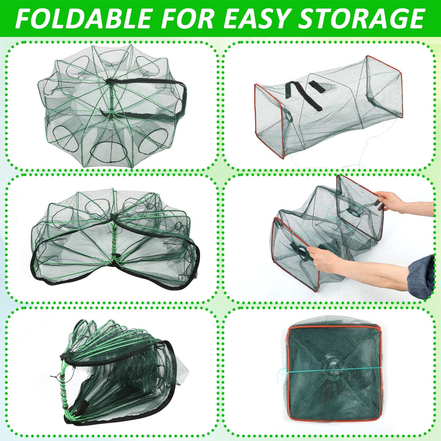 2PCS Fishing Bait Trap Crab Net 10 Holes and 2 PCS Square Crab Crawfish Trap Fishing Trap for Minnow Crawfish Shrimp Crawdad with Rope Large Fishing Net for Bait Fish