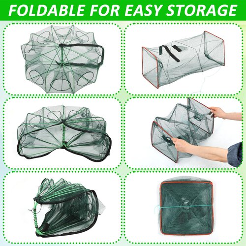 2PCS Fishing Bait Trap Crab Net 10 Holes and 2 PCS Square Crab Crawfish Trap Fishing Trap for Minnow Crawfish Shrimp Crawdad with Rope Large Fishing Net for Bait Fish