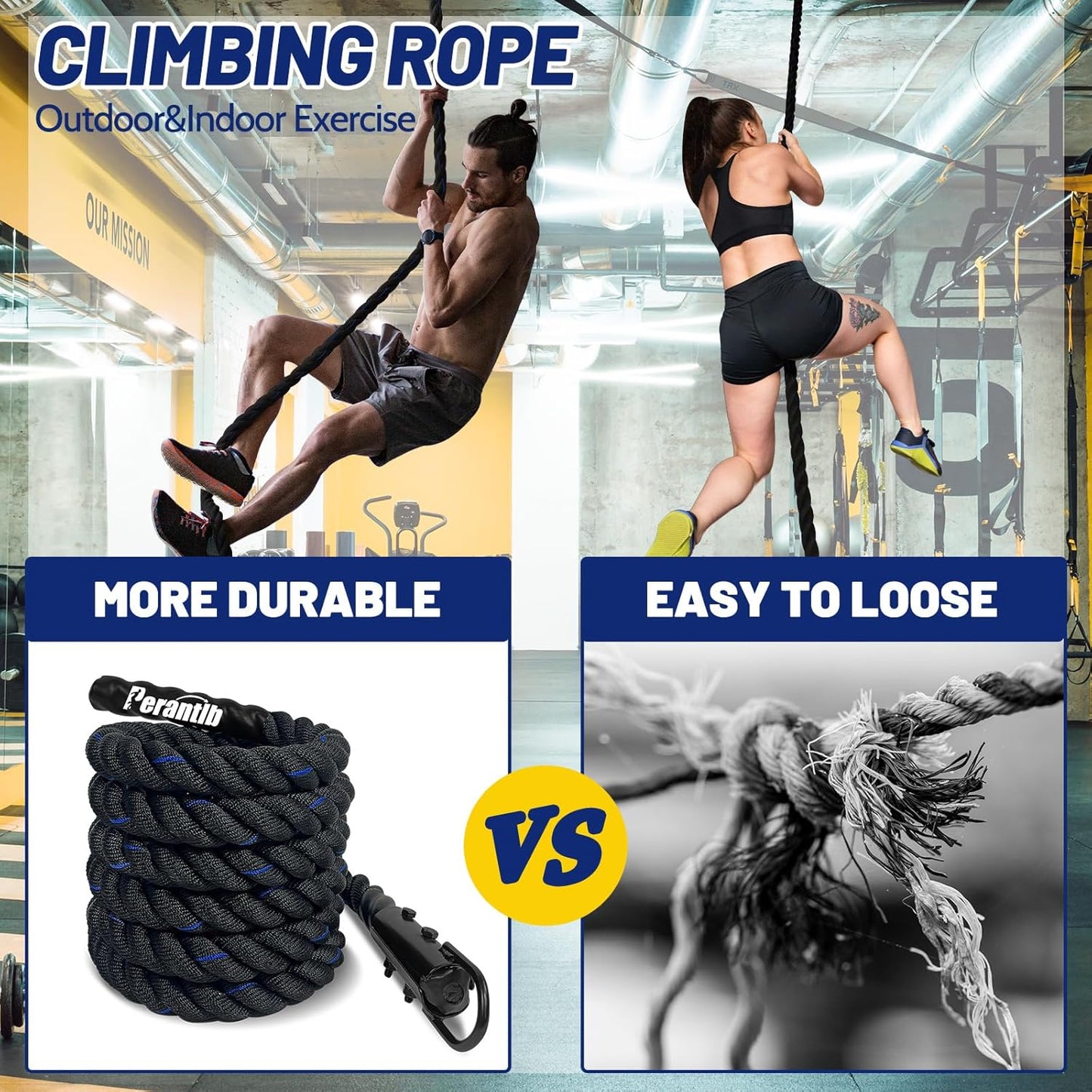 100% Polyester Climbing Rope with Hooks - Heavy Duty 1000LBS Load Capacity, 1.5inch Diameter, 10,15,20,25,30,50ft Length for Outdoor Rock Climbing, Rescue & Escape (20ft)