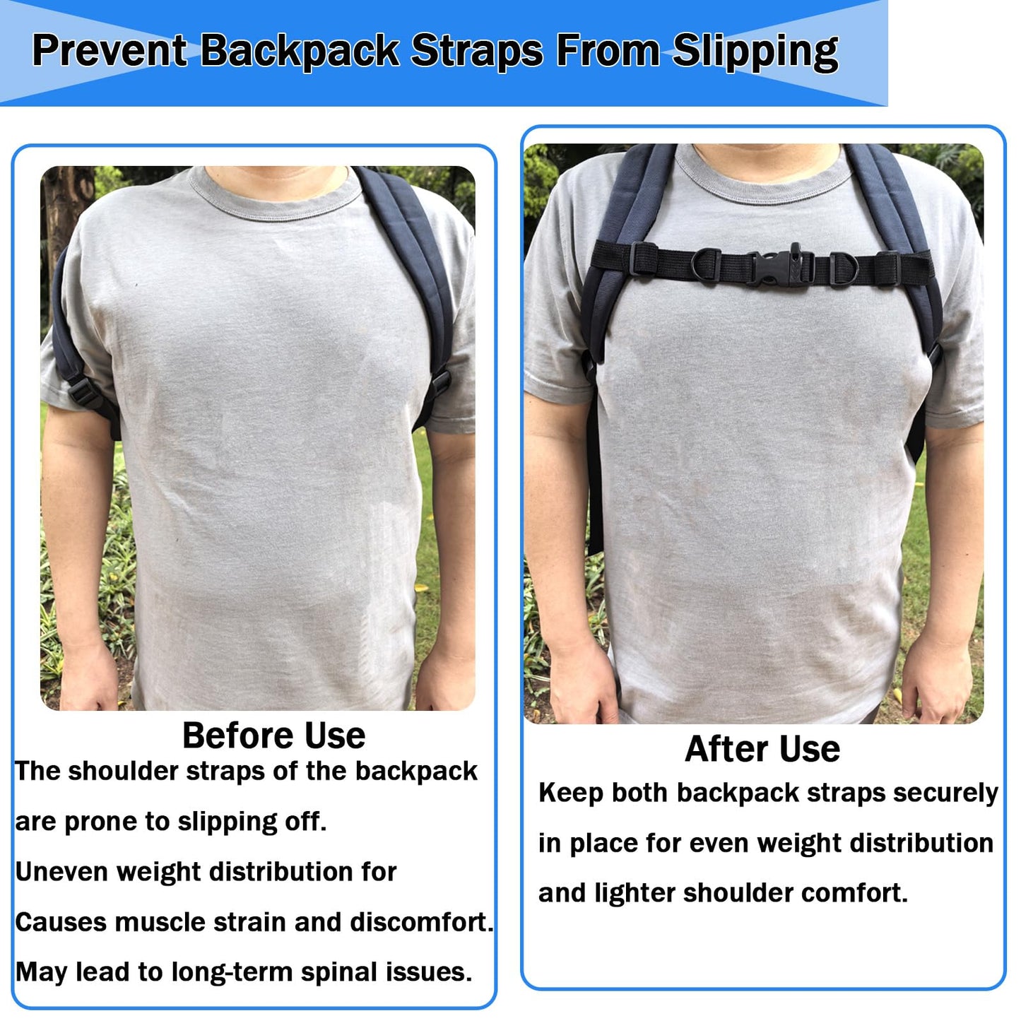 2 PCS Backpack Chest Strap Add on, Adjustable Sternum Straps for Backpacks and Schoolbag, Heavy Duty Backpack Waist Strap Chest Belt with Whistle Quick Release Buckle and Slide Lock for Hiking Jogging