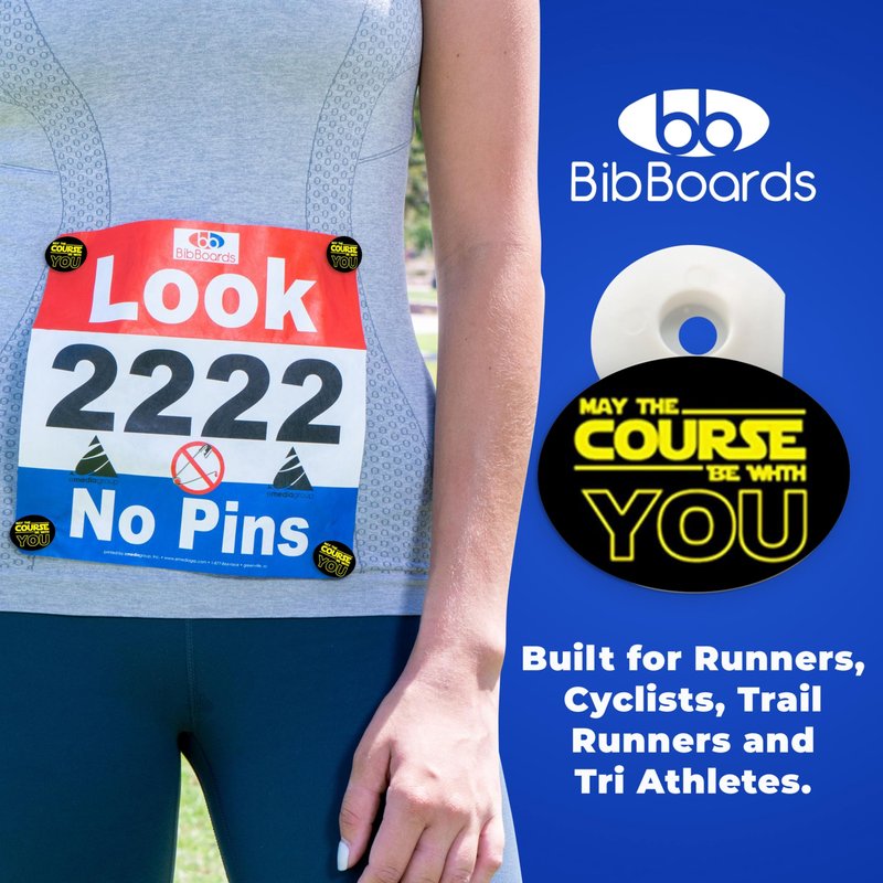 bibSNAPS Race Bib Clips - Safety Fasteners, Secures Running, Marathon, Cycling & Event Number, Non Magnetic, Easy to Use, Snap & Lock, Replacement for Pins & Magnets, May The Course Be W/ You(4pcs)