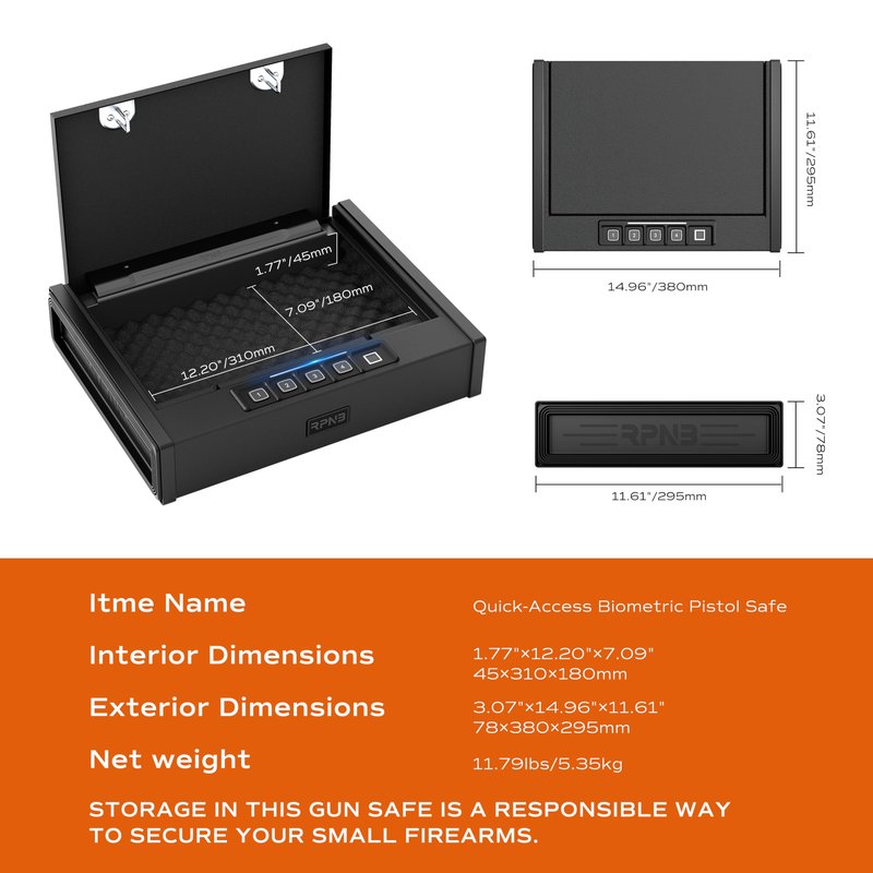 RPNB Gun Safe for Handgun, Pistol Safe with Fingerprint and Digital Keypad, Quick Access Biometric Handgun Safes for Home Nightstand Bedside, Gun Lock Box for 2 Pistols and More