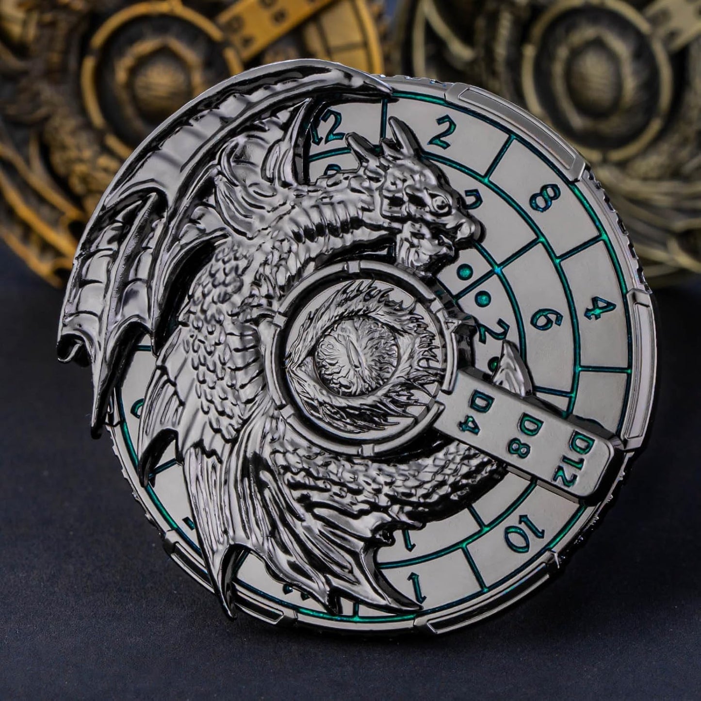 KERWELLSI 7 in 1 Spinner DND Dice Set D&D, Metal Roulette Dragons D and D Dice with Gift Box, Polyhedral Dungeons Role Playing Gaming Dice, Antique Cyan