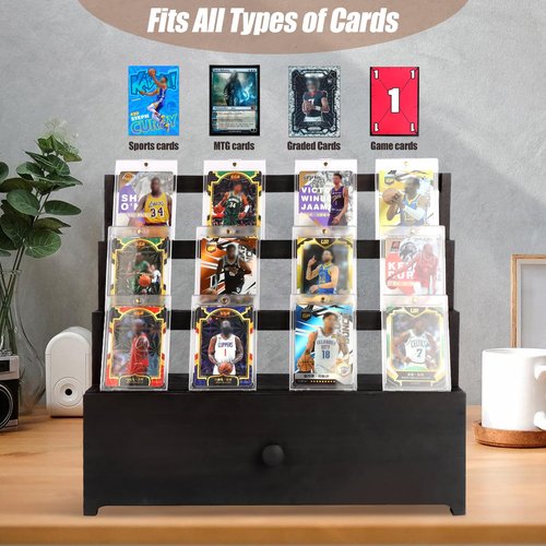 Trading Card Display,Wood Sports Card Display Case with Custom Drawer,Card Supporters and Dividers,3-Tier Graded Card Display for Card Game Collection